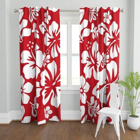 White Hawaiian Flowers on Surfer Red Window Curtains