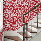 White Hawaiian Flowers on Red Wallpaper - Extremely Stoked® Eco Beach Luxe Collection