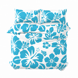 Aqua Blue Hawaiian Flowers on White Duvet Cover – Large Scale – Extremely Stoked® Eco Luxe Beach Bedding