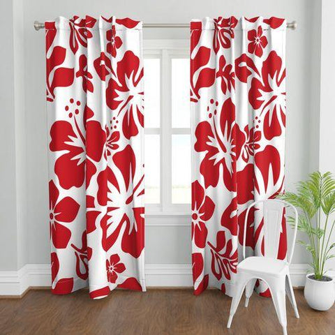 Surfer Red Hawaiian Flowers on White Window Curtains