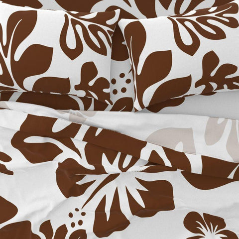 Chocolate Brown Hawaiian Flowers on White Sheet Set from Surfer Bedding™️ Large Scale - Extremely Stoked