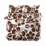 Brown Hawaiian Flowers on White Duvet Cover– Large Scale – Extremely Stoked® Eco Luxe Beach Bedding