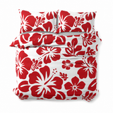 Red Hawaiian Flowers on White Duvet Cover – Large Scale – Extremely Stoked® Eco Luxe Beach Bedding