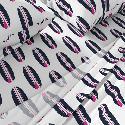 navy blue and surfer girl pink surfboard sheets