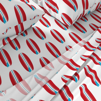 surfer red and aqua blue surfboards sheet set 