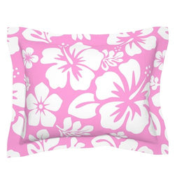 White Hawaiian Hibiscus Flowers on Pink Pillow Sham