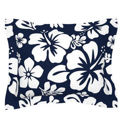 Navy Blue and White Hawaiian Hibiscus Flowers Pillow Sham