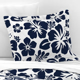 White and Navy Blue Hawaiian Hibiscus Flowers Pillow Sham