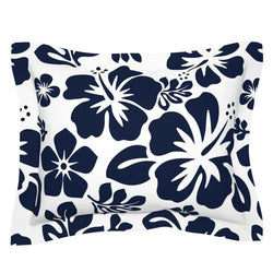 White and Navy Blue Hawaiian Hibiscus Flowers Pillow Sham