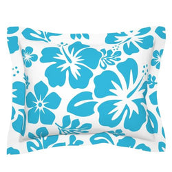 Aqua Ocean Blue and White Hawaiian Hibiscus Flowers Pillow Sham