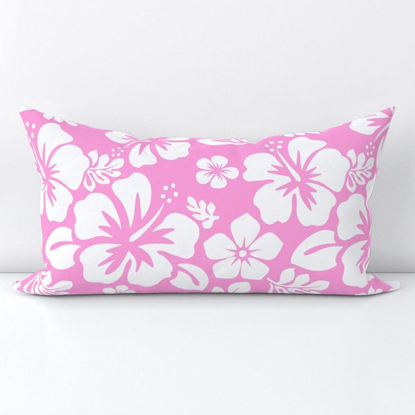 White Hawaiian Flowers on Pink Lumbar Throw Pillow – Extremely Stoked