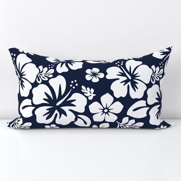 White Hawaiian Flowers on Navy Blue Lumbar Throw Pillow - Extremely Stoked