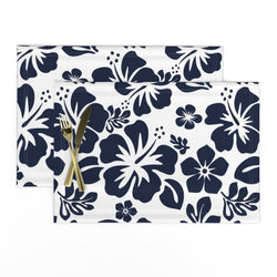 Navy Blue Hawaiian Flowers on White Placemats - Extremely Stoked® Eco Luxe Beach Home Decor Collection