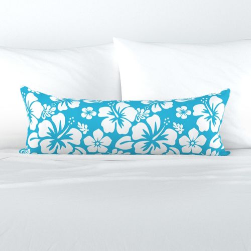 White and Aqua Blue Hawaiian Flowers Extra Long Lumbar Throw Pillow - Extremely Stoked