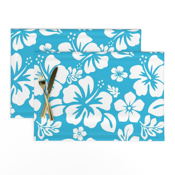 Aqua Blue and White Hawaiian Flowers Placemats - Extremely Stoked® Eco Luxe Beach Home Decor Collection