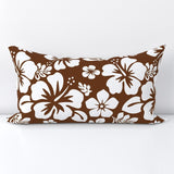 White Hawaiian Flowers on Brown Lumbar Throw Pillow - Extremely Stoked