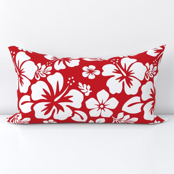 White Hawaiian Flowers on Red Lumbar Throw Pillow - Extremely Stoked