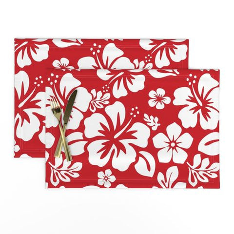 White Hawaiian Flowers on Red Placemats - Extremely Stoked