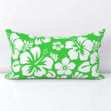 White Hawaiian Flowers on Lime Green Lumbar Throw Pillow - Extremely Stoked