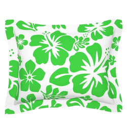 Lime Green Hawaiian Hibiscus Flowers on White Pillow Sham - Extremely Stoked