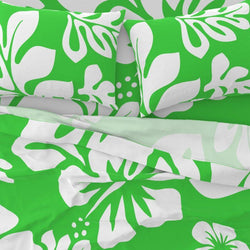 White Hawaiian Flowers on Bright Lime Green Sheet Set from Surfer Bedding™️ Large Scale - Extremely Stoked