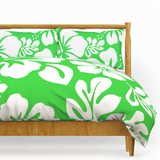 Lime Green & White Hawaiian Flowers Duvet Cover – Large Scale – Extremely Stoked® Eco Luxe Beach Bedding