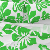 Bright Lime Green Hawaiian Flowers on White Sheet Set from Surfer Bedding™️ Large Scale - Extremely Stoked