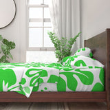 Bright Lime Green Hawaiian Flowers on White Sheet Set