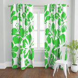 Bright Lime Green Hawaiian Flowers on White Window Curtains
