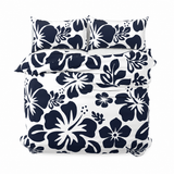 Navy Blue Hawaiian Flowers on White Duvet Cover – Large Scale – Extremely Stoked® Eco Luxe Beach Bedding