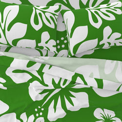 Fresh Green & White Hawaiian Flowers Sheet Set – Large Scale – Extremely Stoked® Eco Luxe Beach Bedding