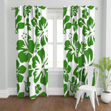 Fresh Green Hawaiian Flowers on White Window Curtains - Extremely Stoked® Eco Beach Luxe Collection - Large Scale