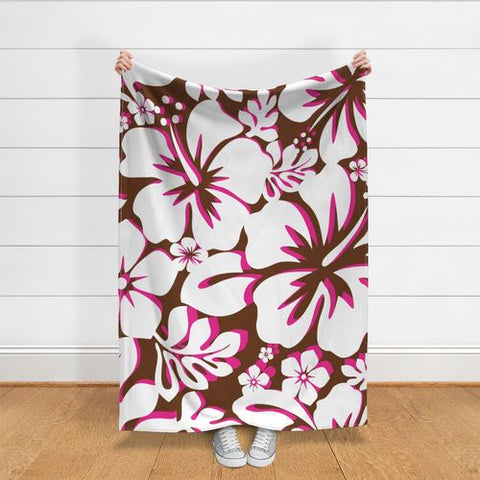 Chocolate Brown, Surfer Girl Pink and White Hibiscus and Hawaiian Flowers Minky Throw Blanket
