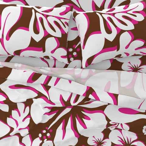 Chocolate Brown, Surfer Girl Pink and White Hawaiian Flowers Sheet Set