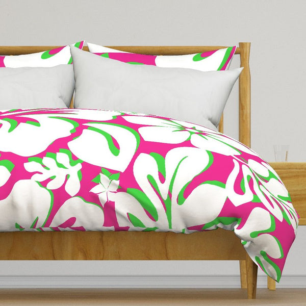 Preppy Surfer Girl Pink, Lime Green and White Hibiscus and Hawaiian Flowers Duvet Cover