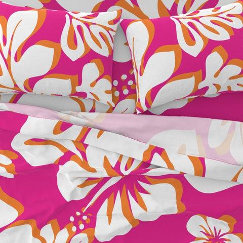 Surfer Girl Pink, Juicy Orange and White Hawaiian Flowers Sheet Set from Surfer Bedding™️ Large Scale - Extremely Stoked