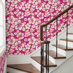 Hot Pink, White and Orange Hawaiian Flowers Wallpaper - Extremely Stoked® Eco Beach Luxe Collection