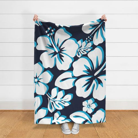 Ocean Blues Hibiscus and Hawaiian Flowers Minky Throw Blanket