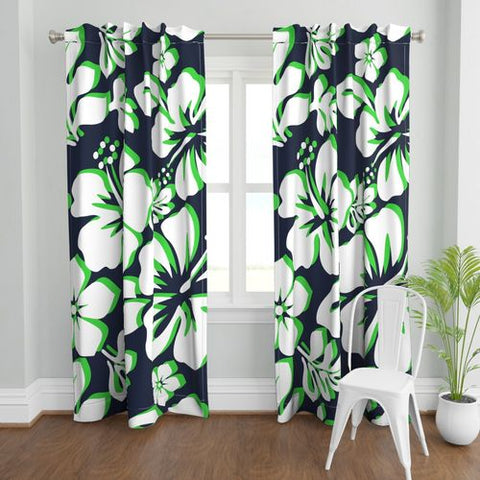Navy Blue, Lime Green and White Hawaiian Hibiscus Flowers Window Curtains