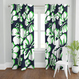 Navy Blue, Lime Green and White Hibiscus and Hawaiian Flowers Window Curtains