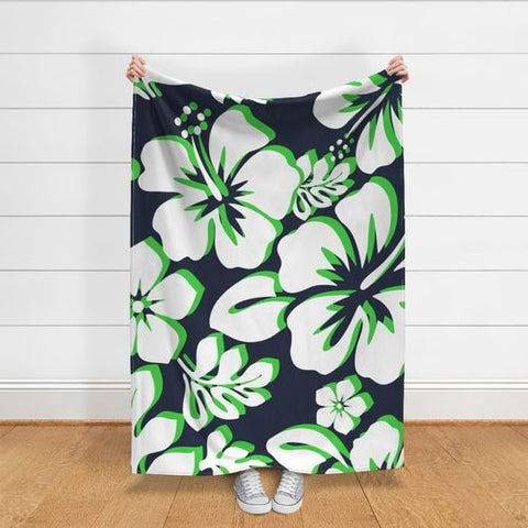 navy blue, lime green and white hibiscus and hawaiian flowers minky throw blanket