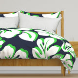 Navy Blue, Lime Green and White Hibiscus and Hawaiian Flowers Duvet Cover