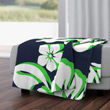 Navy Blue, Lime Green and White Hibiscus and Hawaiian Flowers Minky Throw Blanket