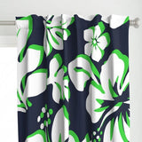 Navy Blue, Lime Green and White Hawaiian Flowers Window Curtains
