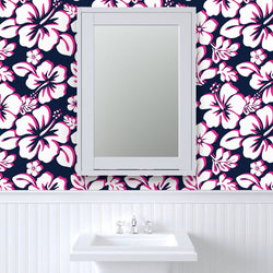 White, Hot Pink and Navy Blue Hawaiian Hibiscus Flowers Wallpaper - Extremely Stoked