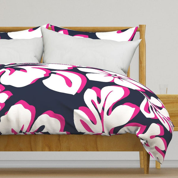 Navy Blue, Surfer Girl Pink and White Hibiscus and Hawaiian Flowers Duvet Cover