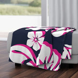 Navy Blue, Surfer Girl Pink and White Hawaiian Flowers Minky Throw Blanket