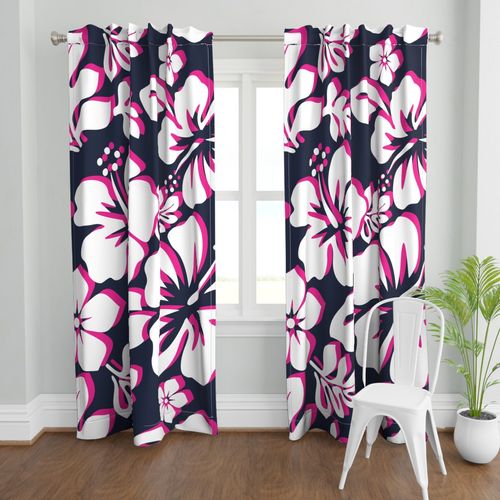 Navy Blue, Surfer Girl Pink and White Hawaiian Flowers Window Curtains