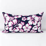 White and Hot Pink Hawaiian Flowers on Navy Blue Lumbar Throw Pillow - Extremely Stoked