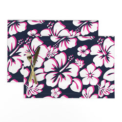 Navy Blue, White and Hot Pink Hawaiian Flowers Placemats - Extremely Stoked® Eco Luxe Beach Home Decor